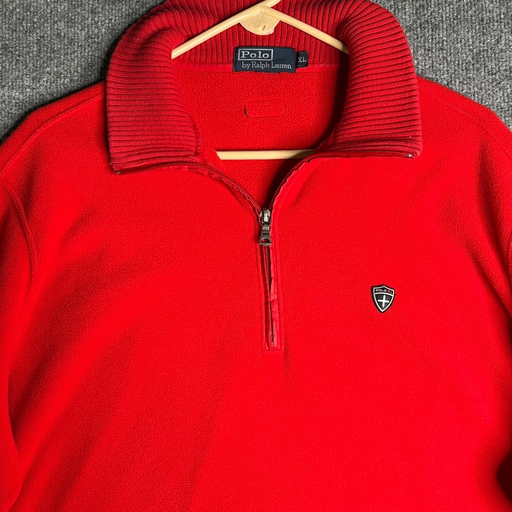 Polo Ralph Lauren Mens XL Red Fleece Quarter Zip Pullover Elbow Patches Logo VTG - Picture 2 of 8